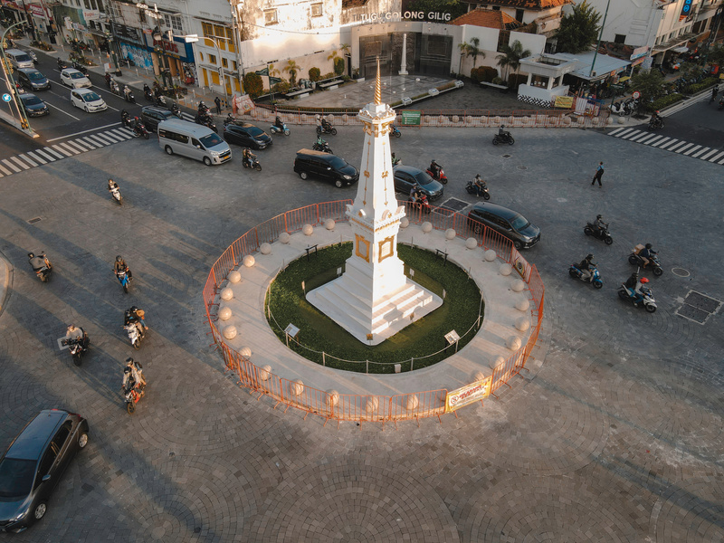 Aerial View of Tugu Jogja or Yogyakarta Monument, Indonesia. Yogyakarta, Indonesia - April, 2021